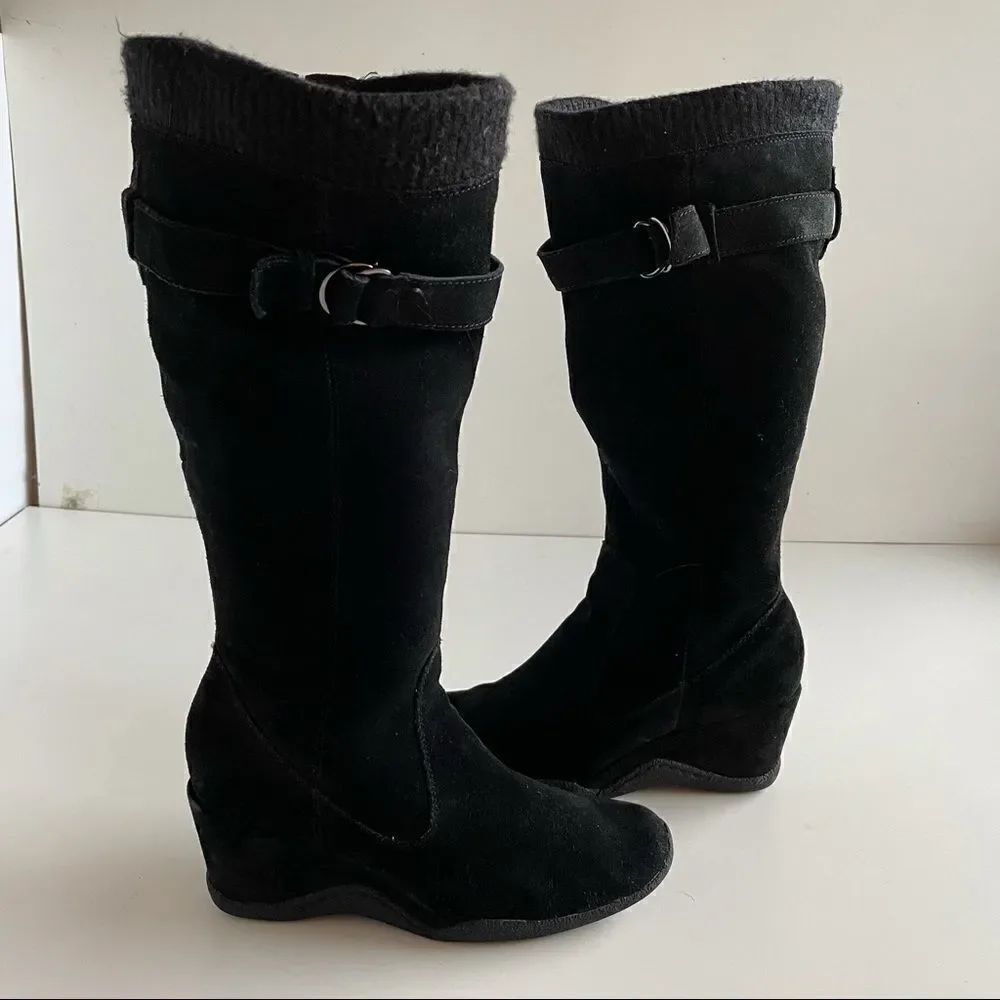 Black suede Sz 8 real leather wedge heel  heeled over the knee or knee boots
